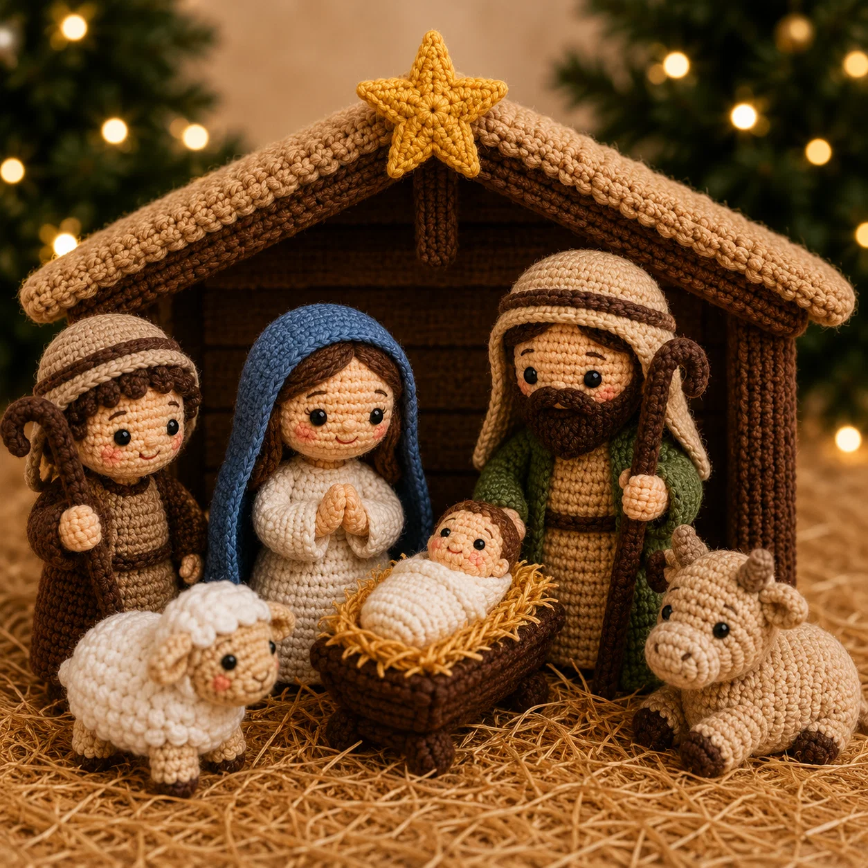 Belén de amigurumi completo en su establo navideño